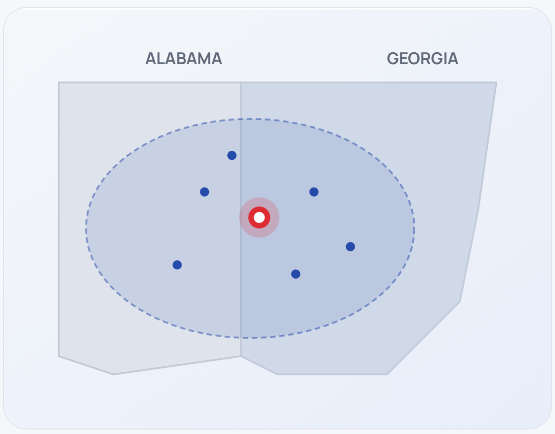 Map of FoundationRX service area covering West Georgia and East Alabama, with the towns we serve highlighted.