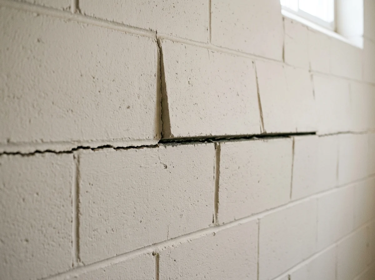 Close-up of a horizontal crack through a bowing block foundation wall