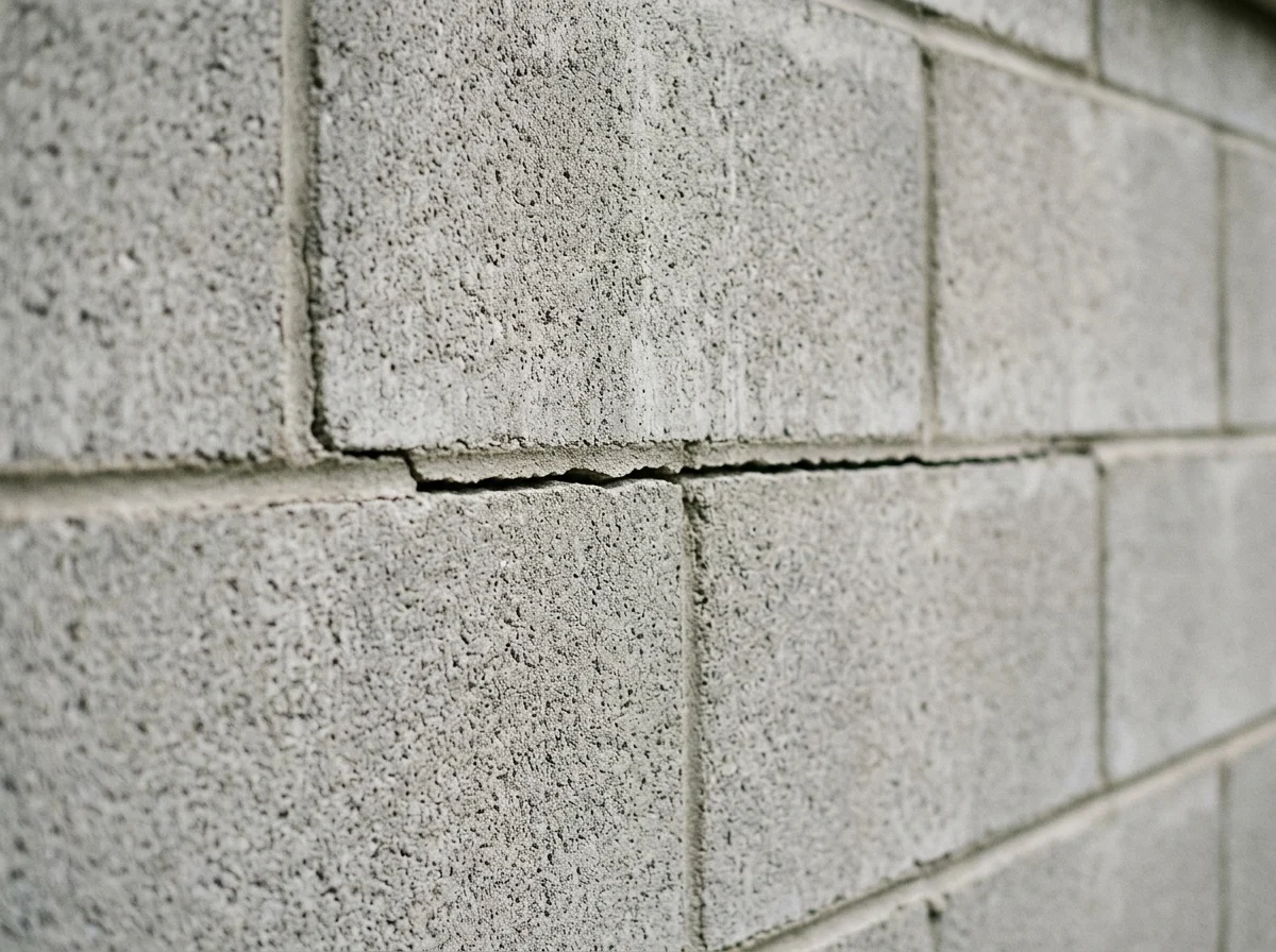 Close-up of a horizontal crack running through the mortar joint of a block foundation wall