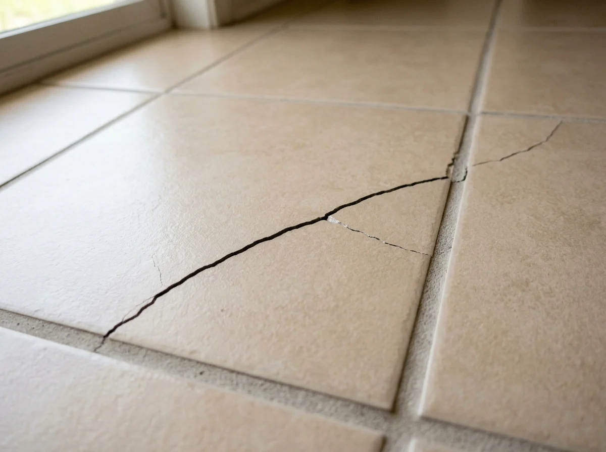 Crack running in a straight line through a tile and its grout joint