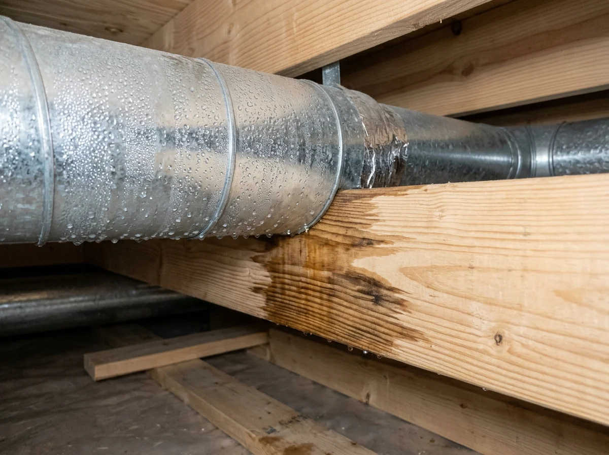 Condensation beading on metal ductwork in a crawl space