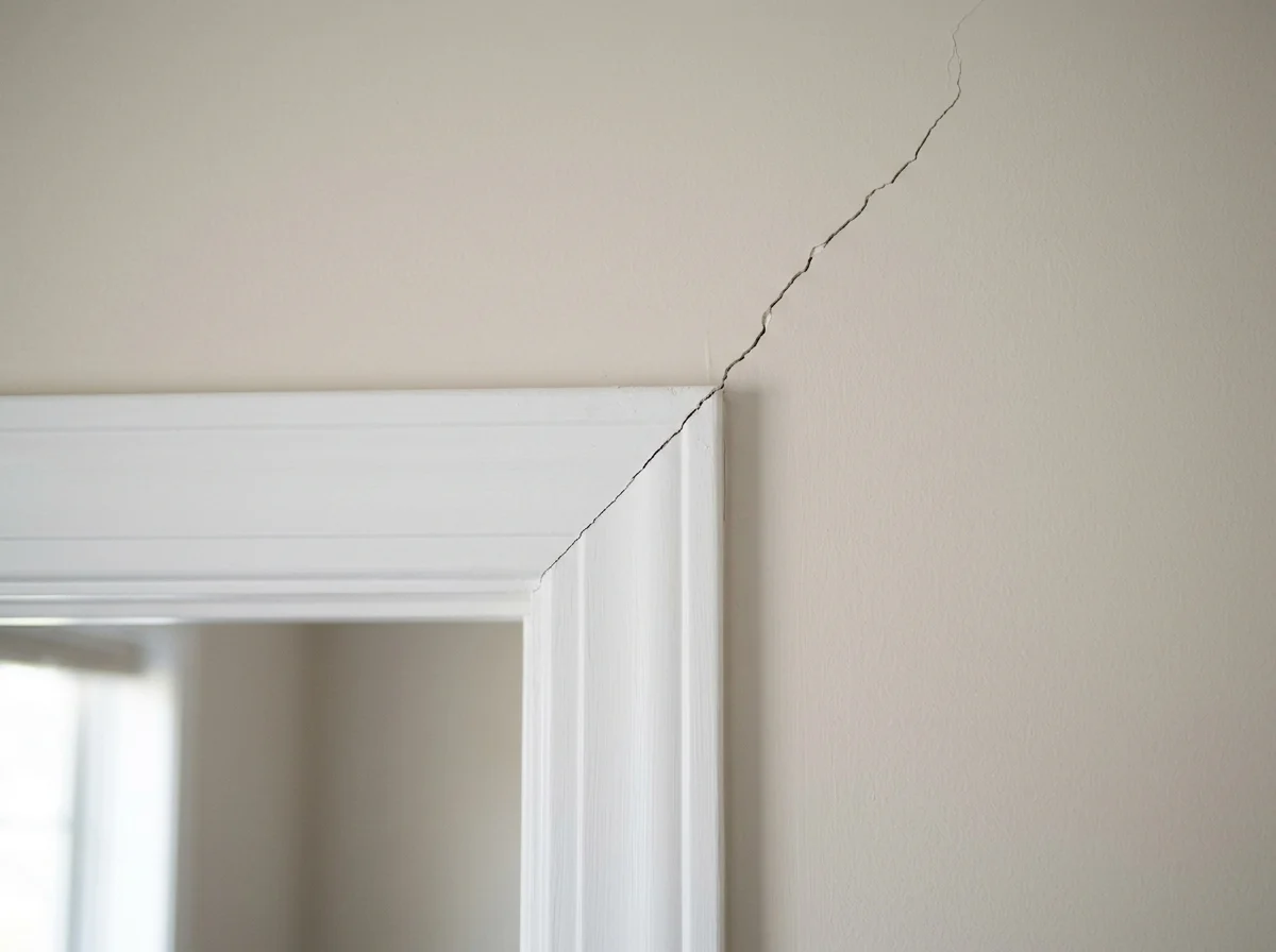 Close-up of a diagonal crack running off a door frame corner through painted drywall
