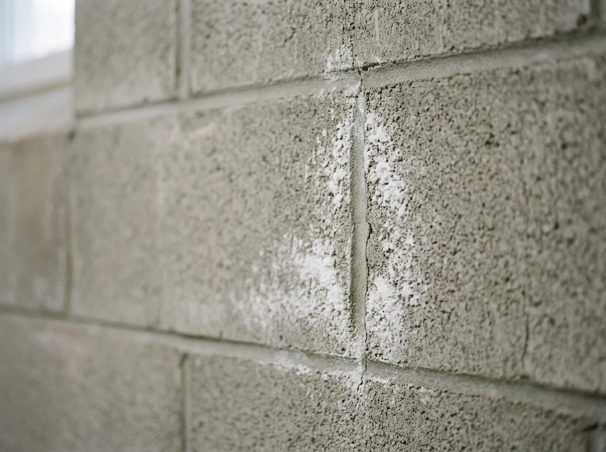 White efflorescence residue on a concrete block basement wall