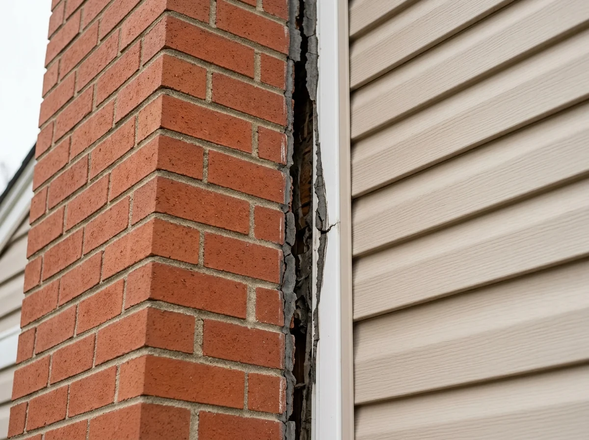 Close-up of the gap where a chimney has separated from the wall of the house