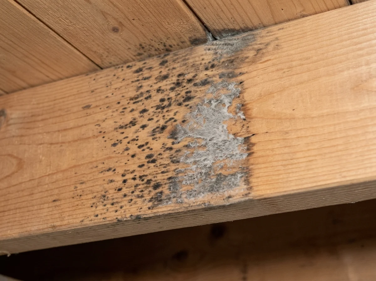 Dark mold spotting and wood fungus on a crawl space floor joist
