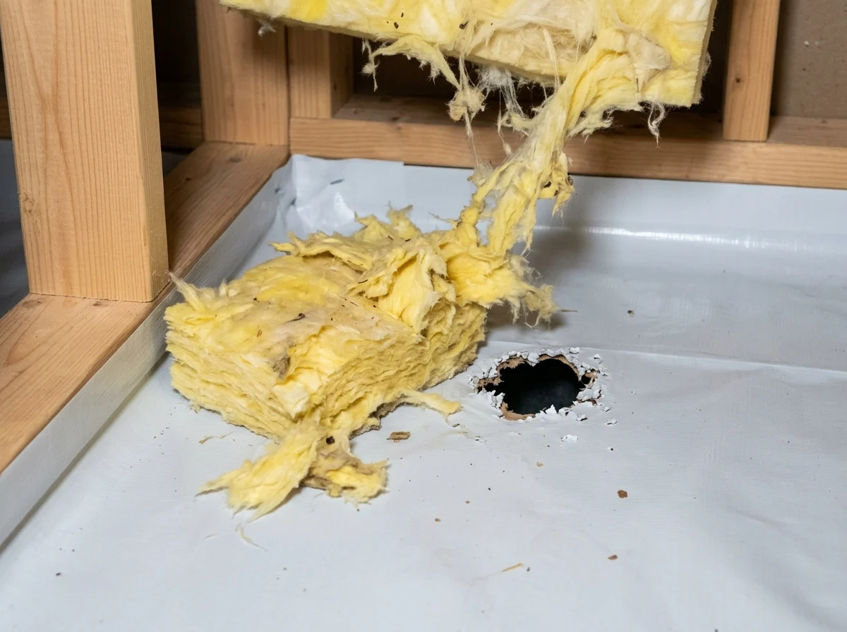 Torn insulation and chewed vapor barrier from rodent activity