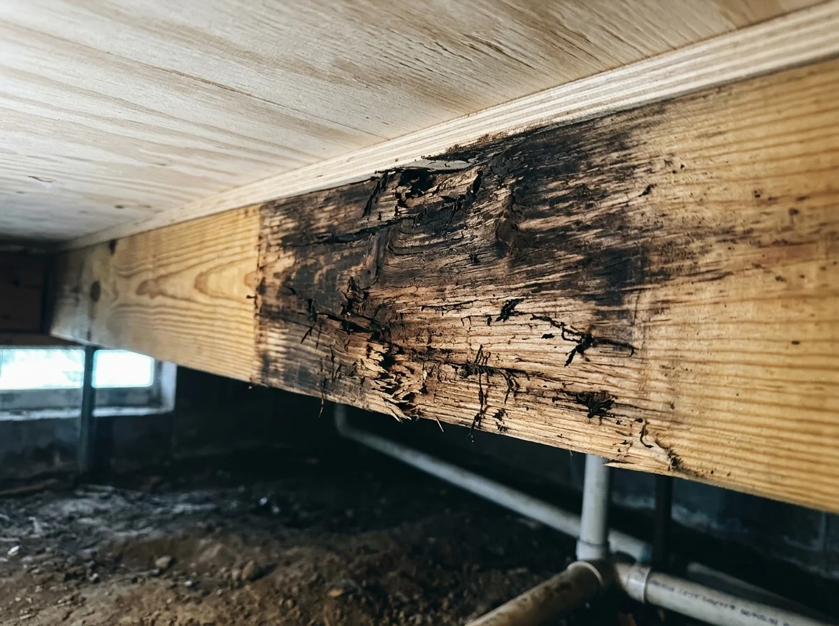 Rotted floor joist with dark fungal staining inside a crawl space