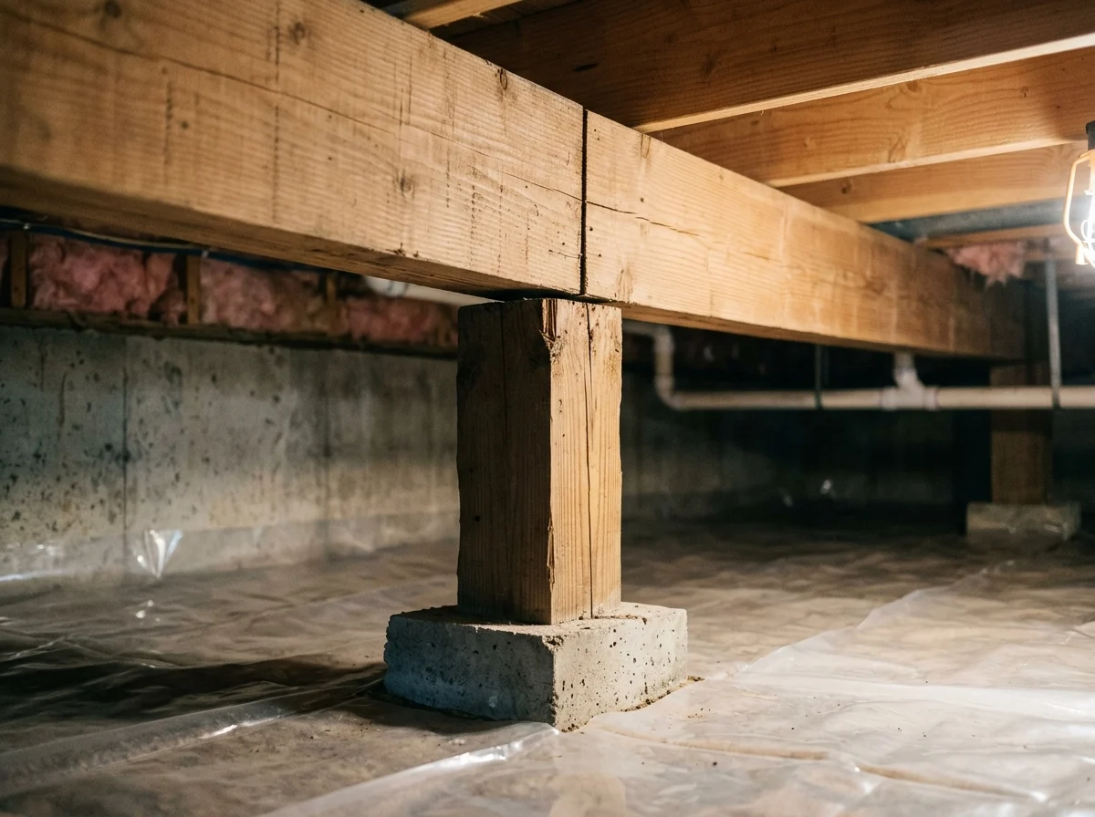 Close-up of a settled support post dropped away from the girder above it