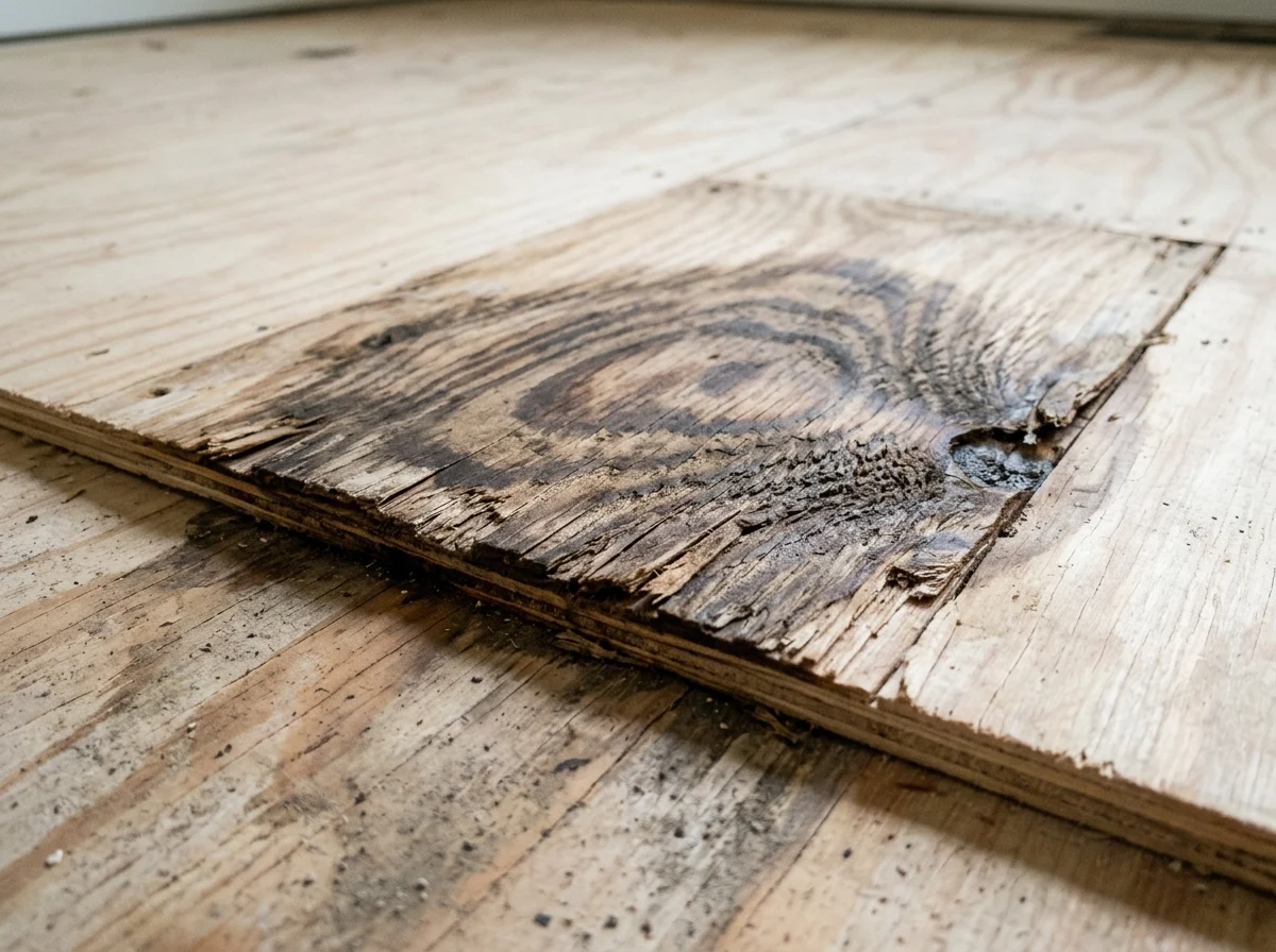 Water-damaged plywood subfloor showing swelling and delamination