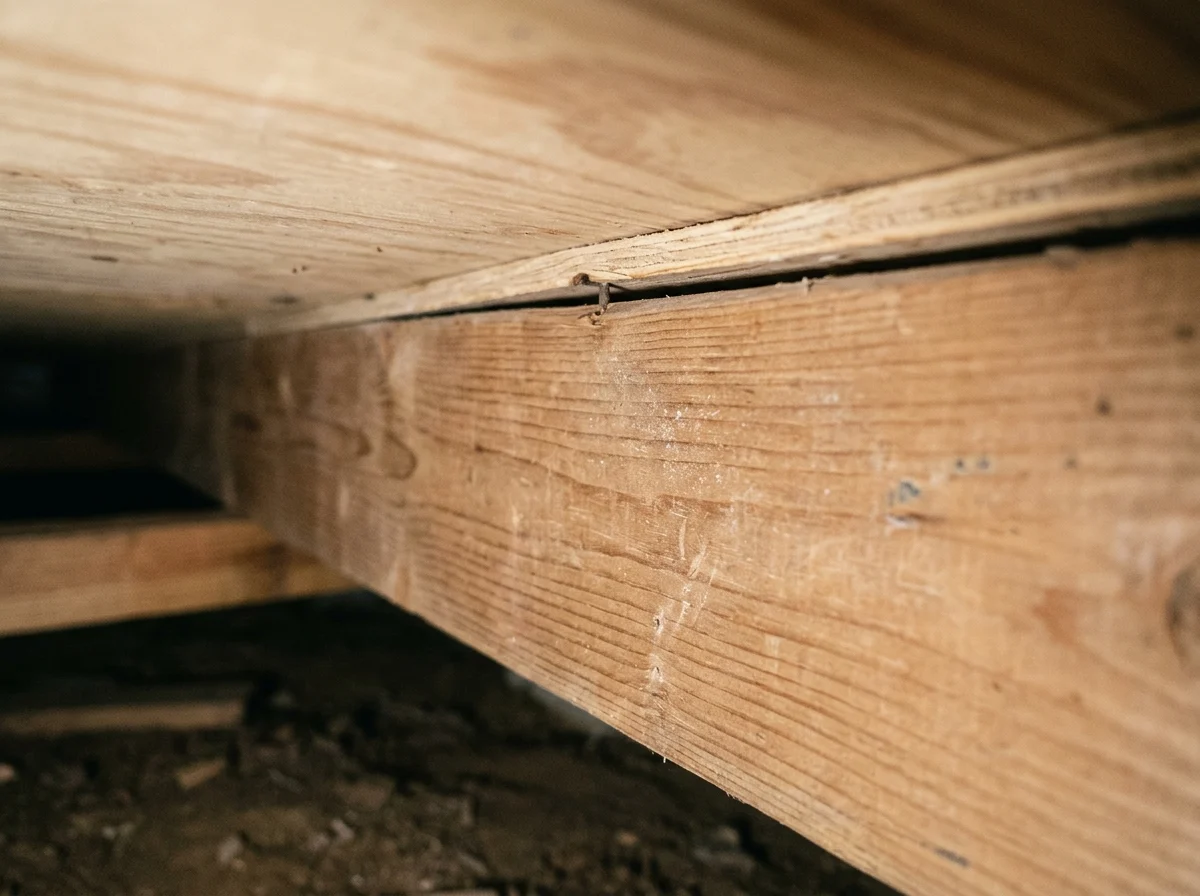 Subfloor separating slightly from a floor joist in a crawl space