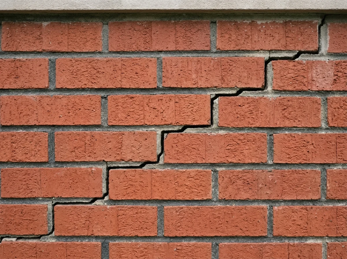 Close-up of a stair-step crack following the mortar joints in red brick