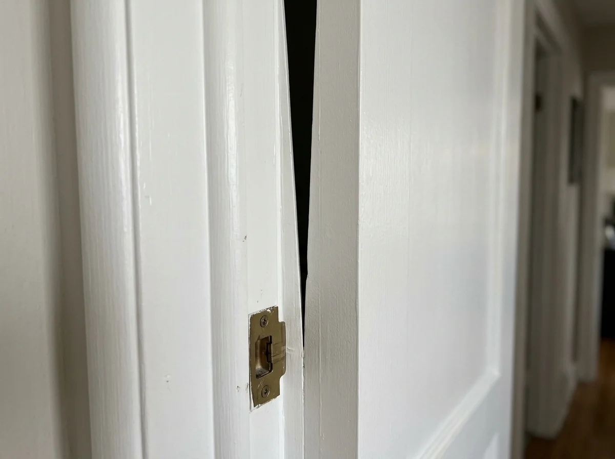 Close-up of the tapered gap between a door and its jamb, with a misaligned strike plate
