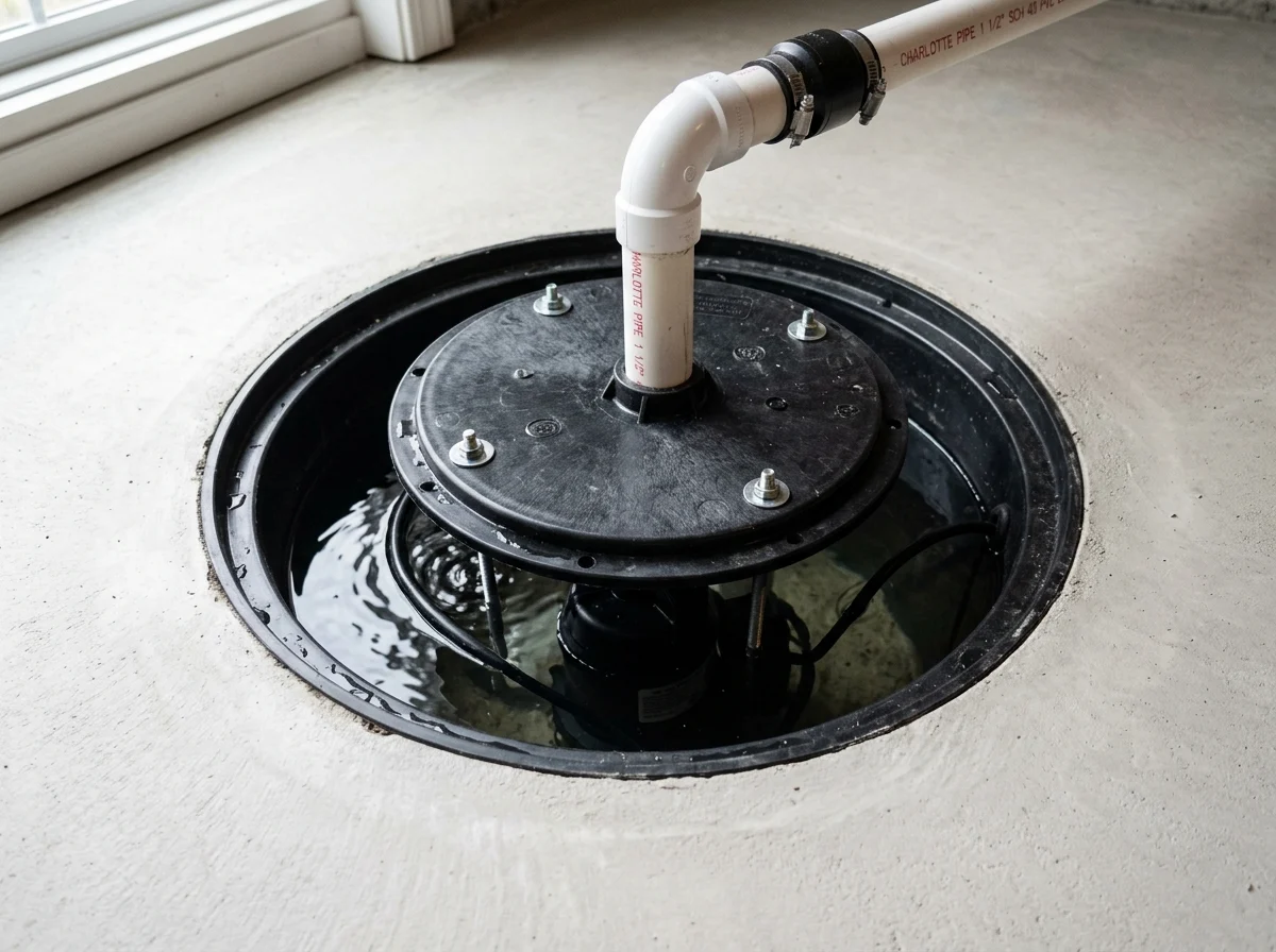 Sump pump basin set into a clean basement floor