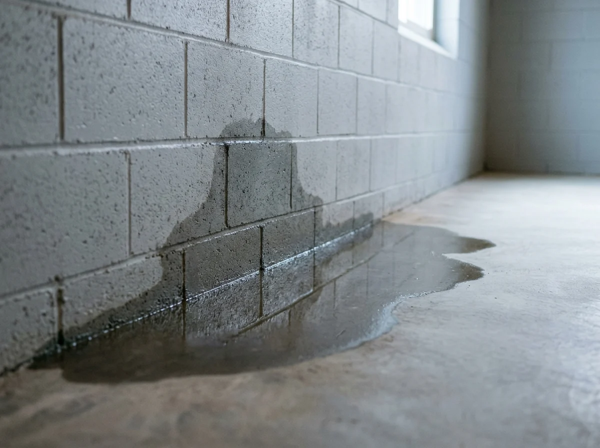 Standing water pooled along the base of a basement block wall