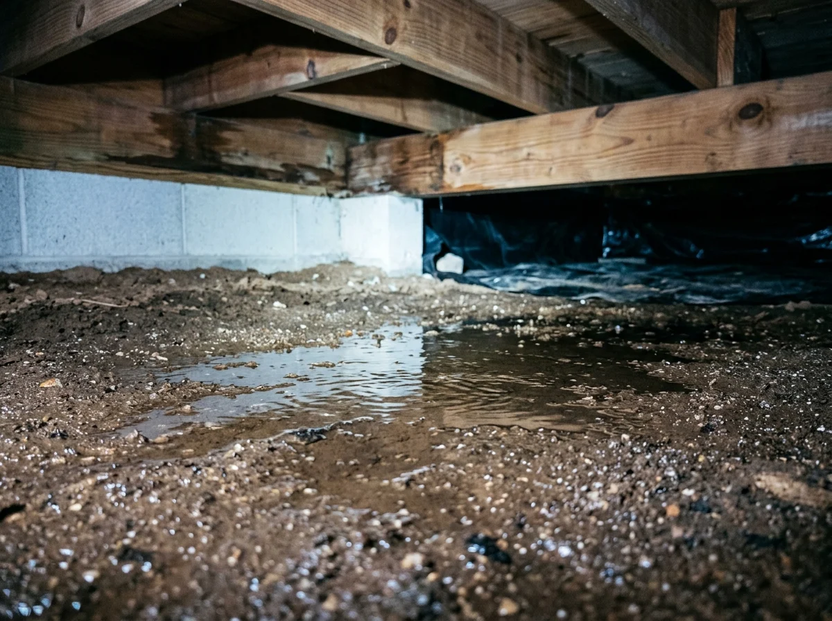 Close-up of standing water pooled on bare crawl space soil beneath sound floor framing