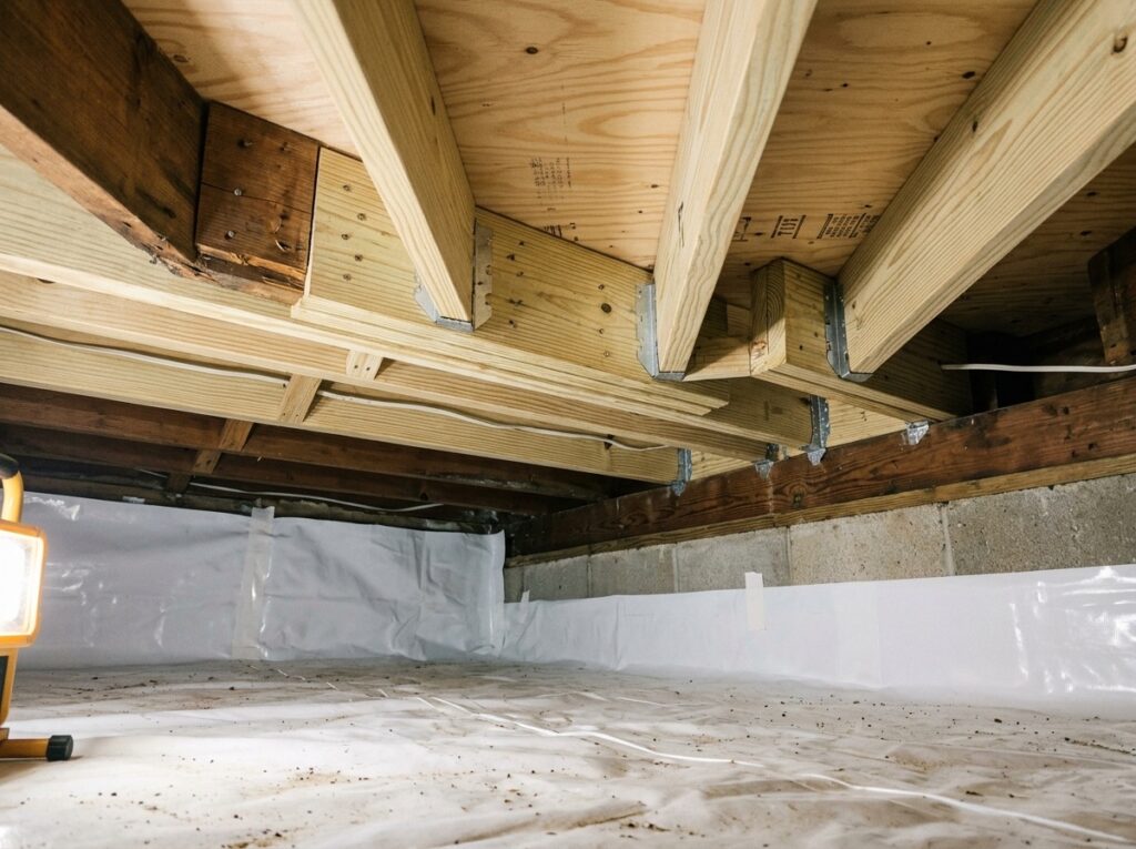 Rebuilt floor framing with new joists, metal joist hangers and new plywood subfloor