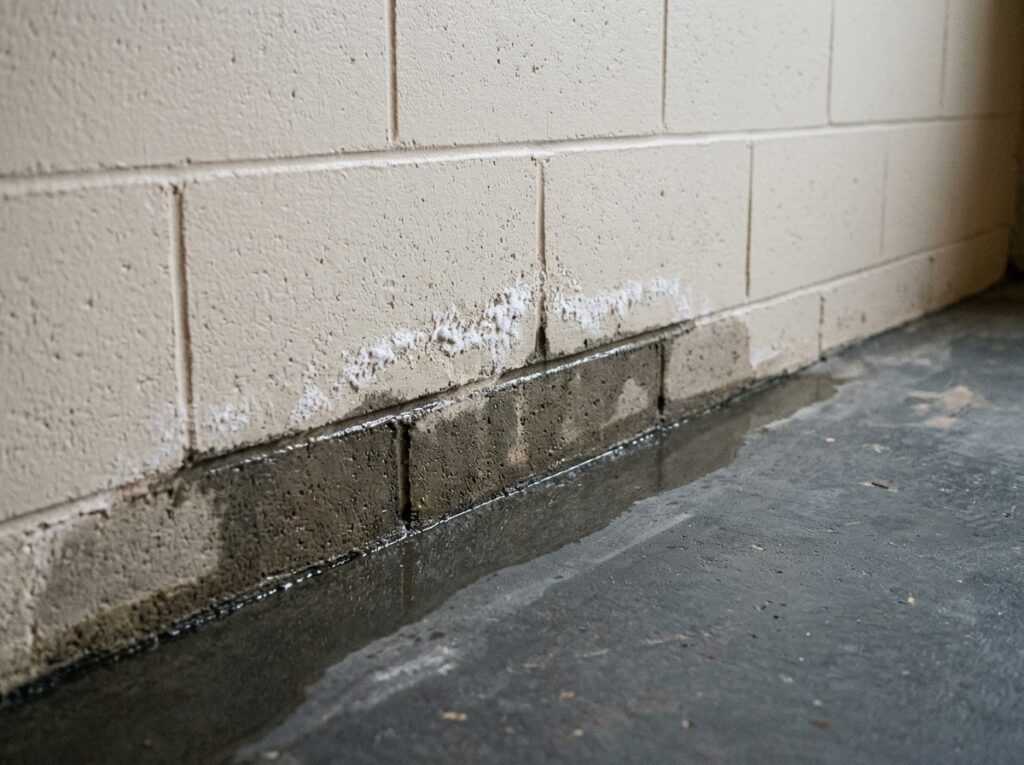 Water seeping in at the base of a block basement wall with white mineral deposits above the damp line