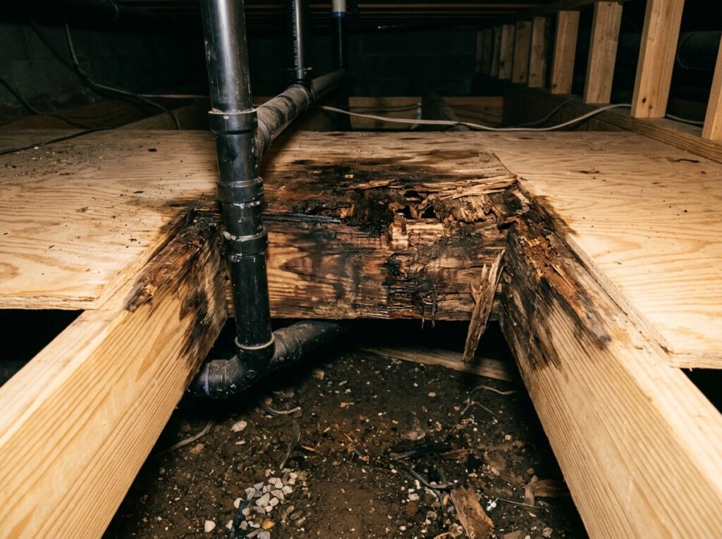 Rotted, water-stained subfloor and joist ends under a bathroom, seen from the crawl space